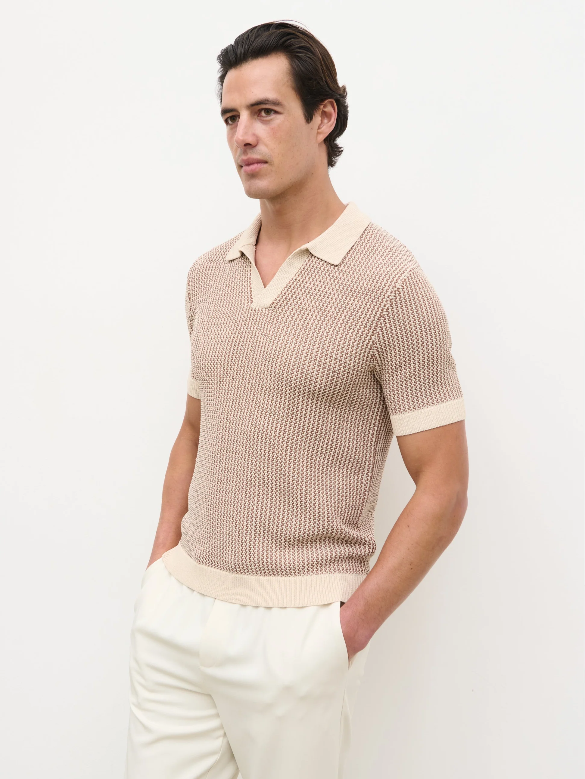 Orian Textured Stripe Knit Polo - Brown and Taupe - Image 5