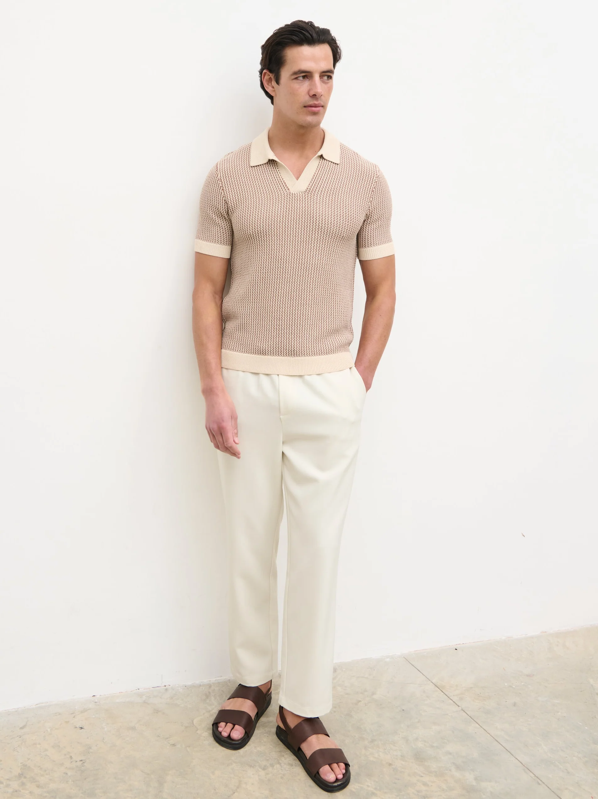 Orian Textured Stripe Knit Polo - Brown and Taupe - Image 6