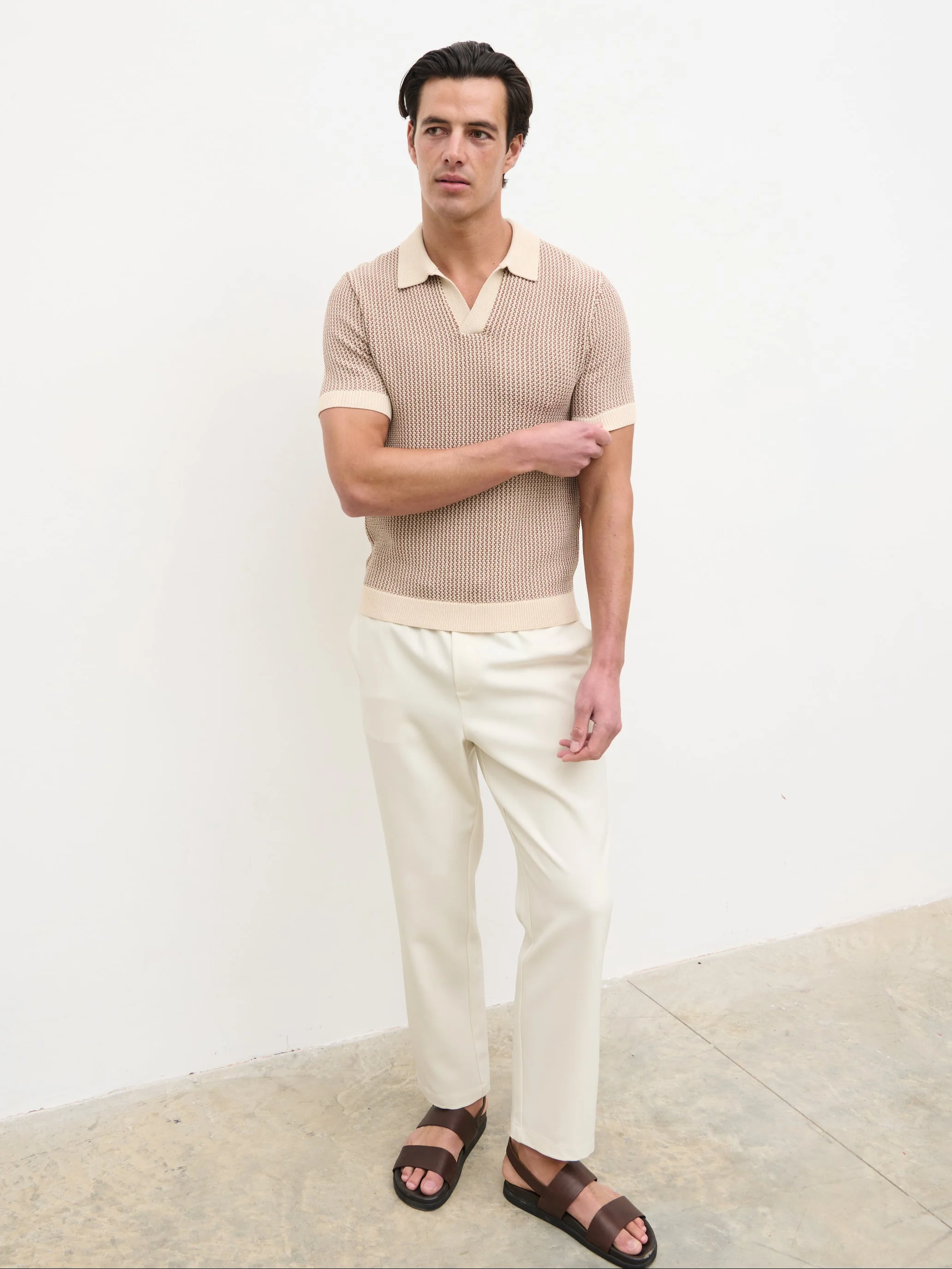 Orian Textured Stripe Knit Polo - Brown and Taupe - Image 8