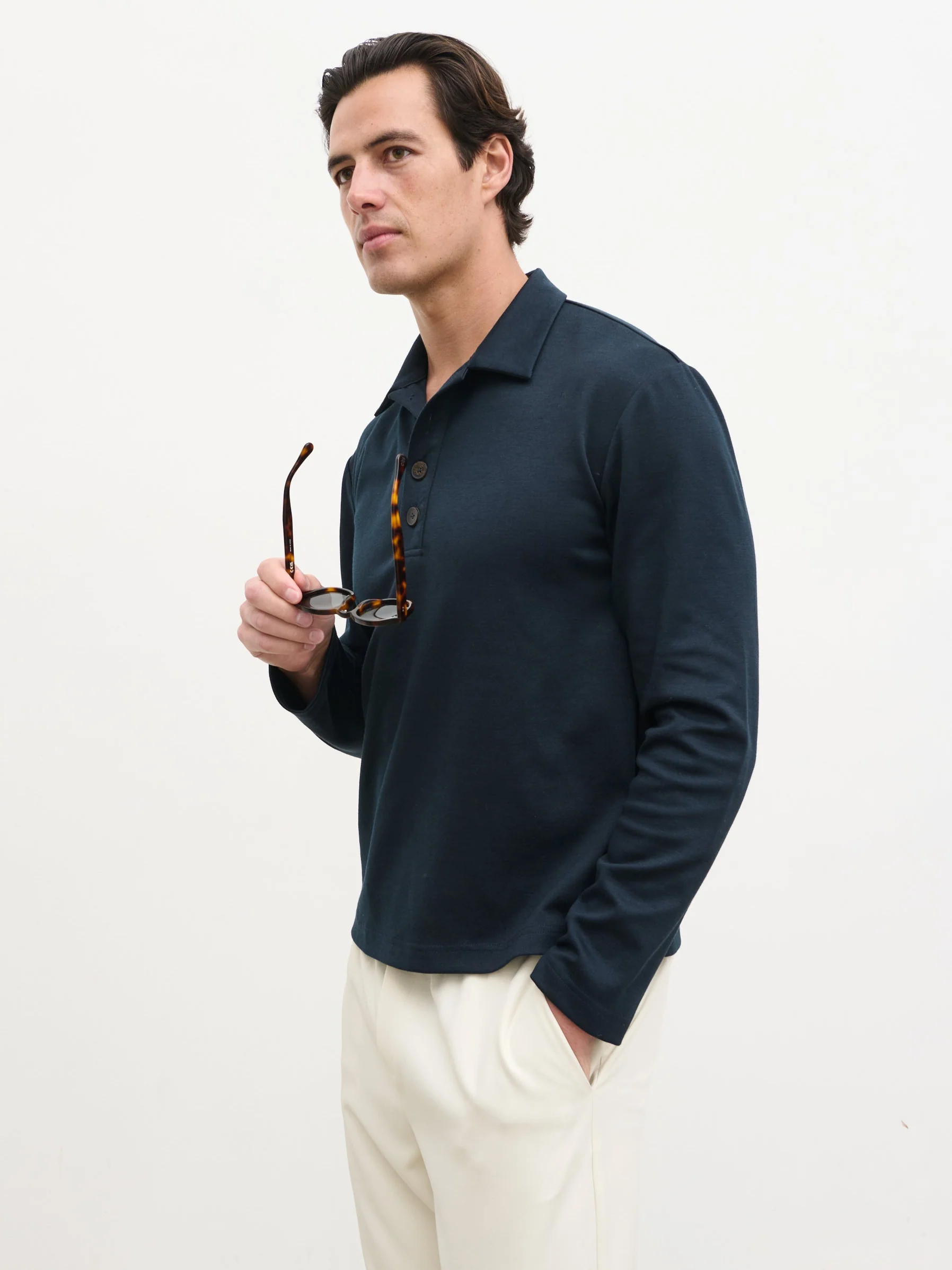 Patrick Long Sleeve Jersey Polo Top - Navy - Image 5