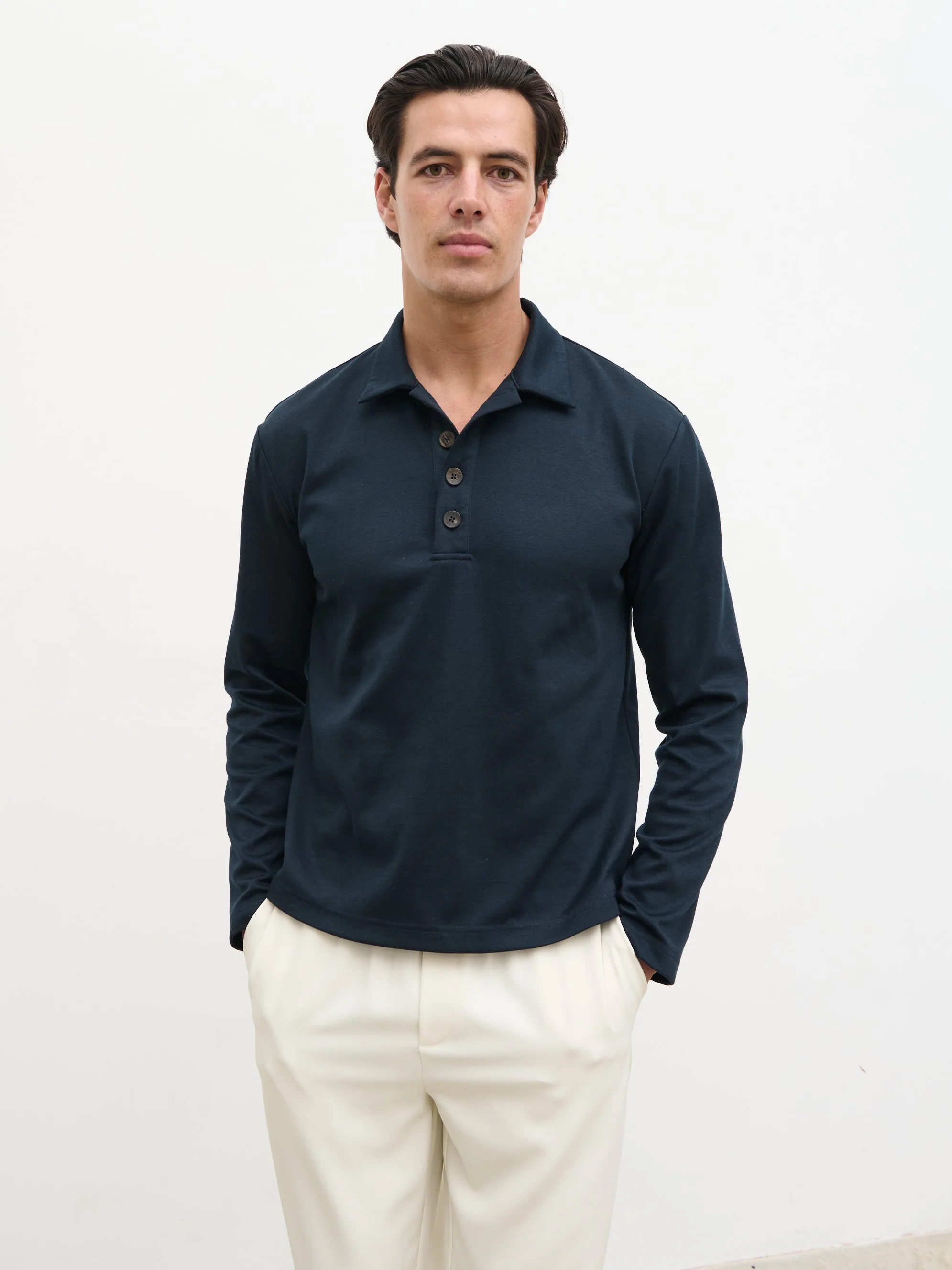 Patrick Long Sleeve Jersey Polo Top - Navy - Image 6