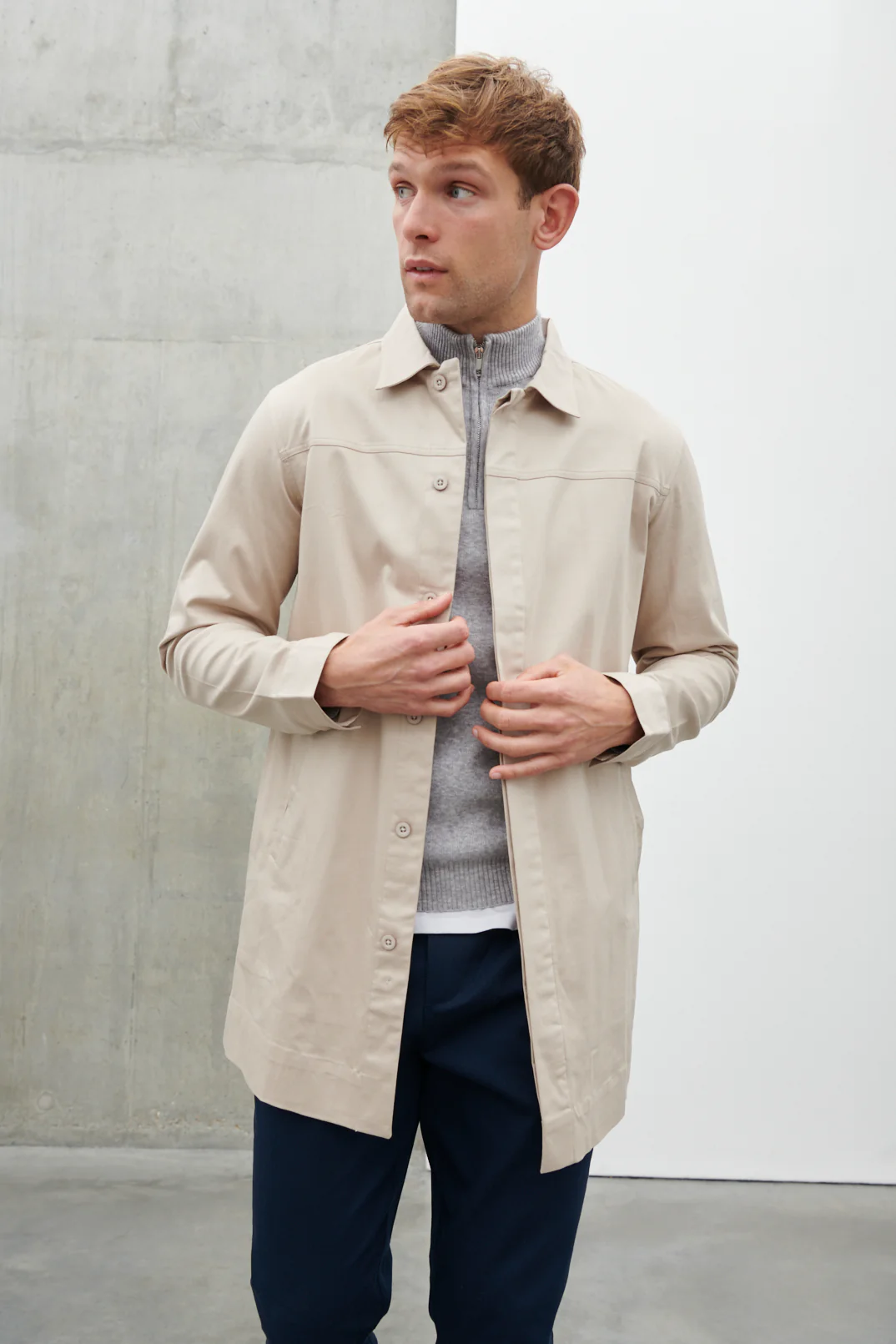Pierre Long Line Collared Coat - Stone - Image 3