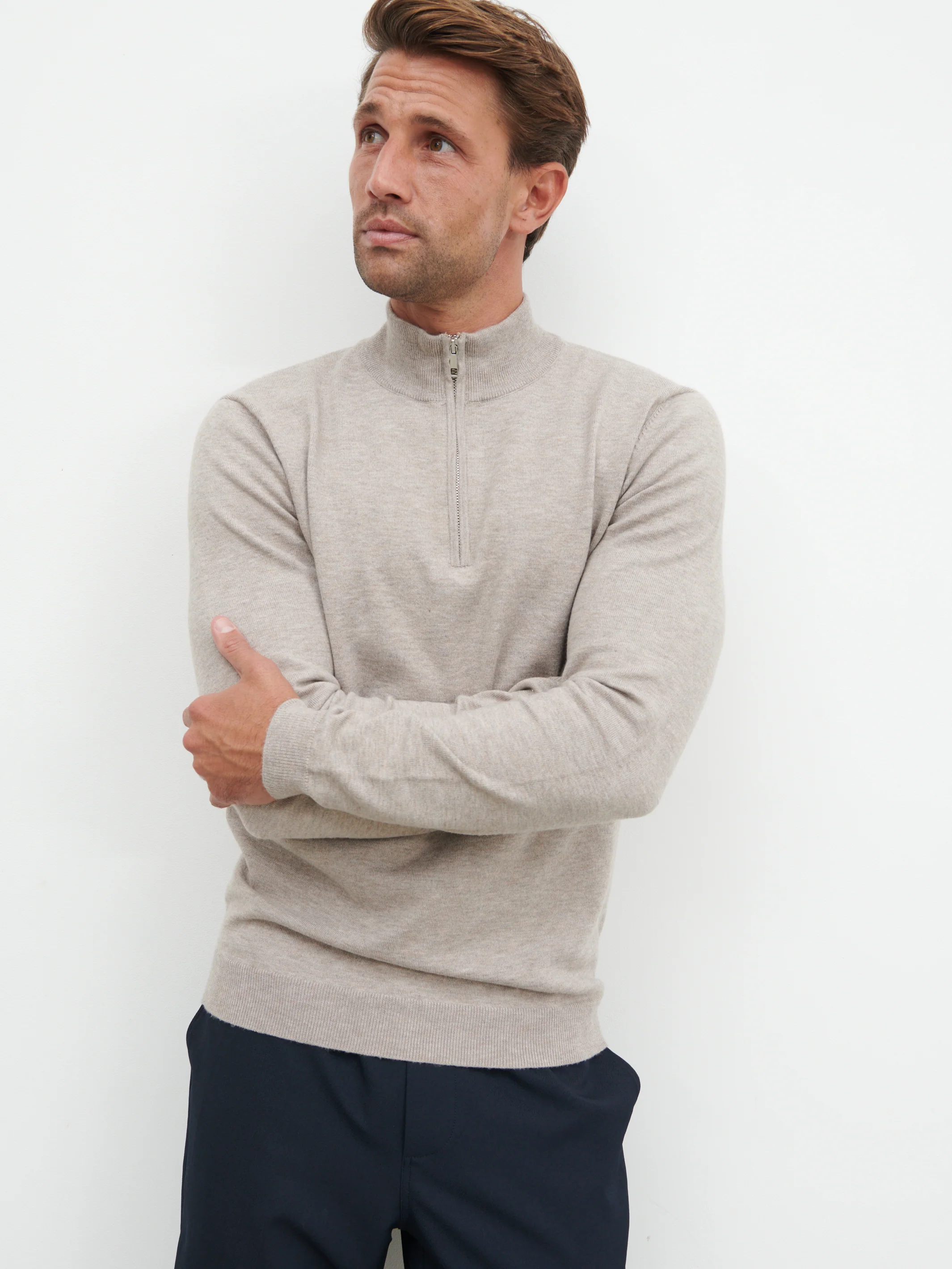 Radcliffe Quarter Zip Knit Jumper - Light Taupe
