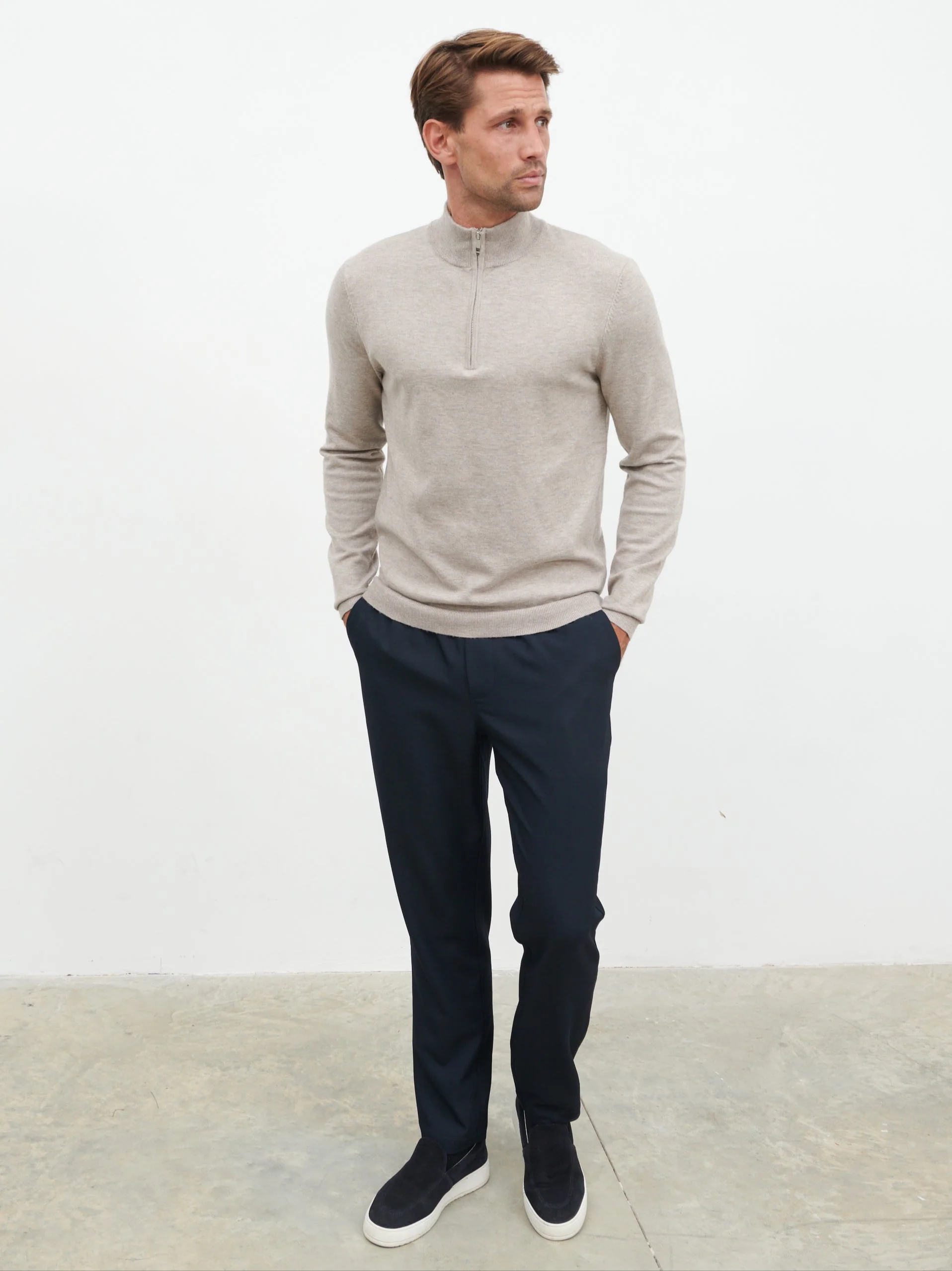 Radcliffe Quarter Zip Knit Jumper - Light Taupe - Image 2