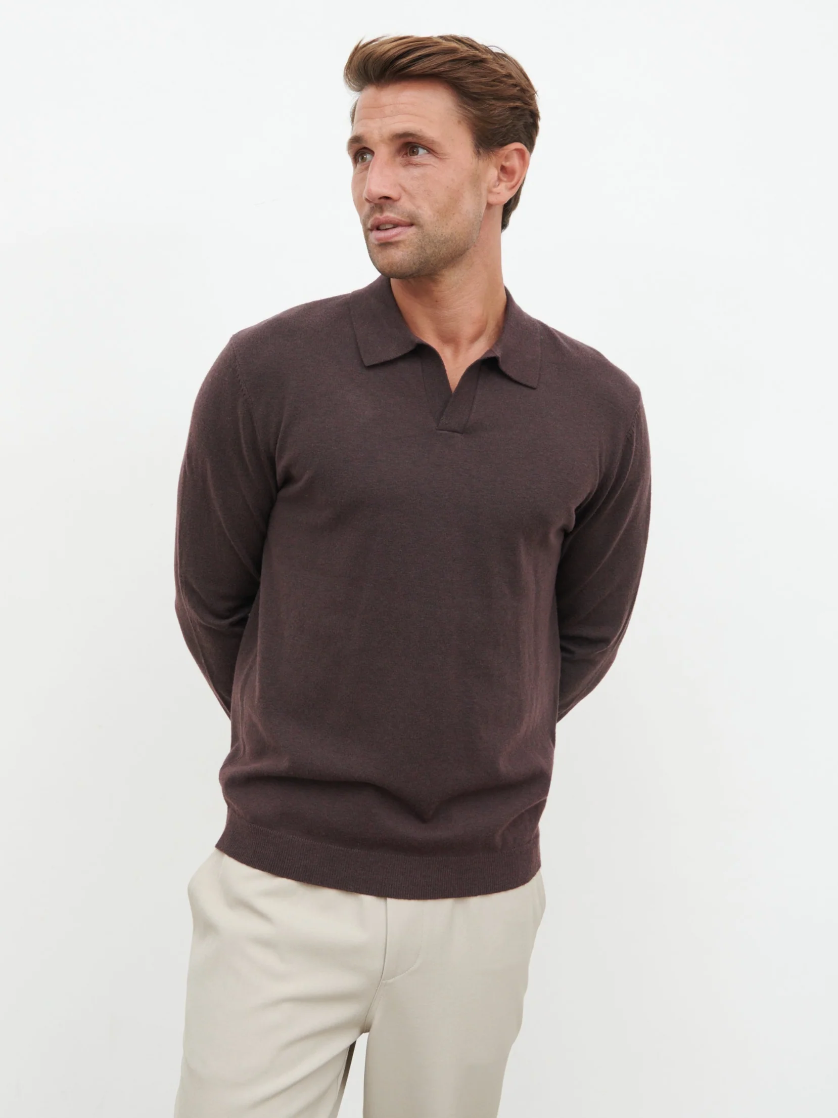 Robin Long Sleeve Lightweight Knit Polo - Chocolate - Image 3