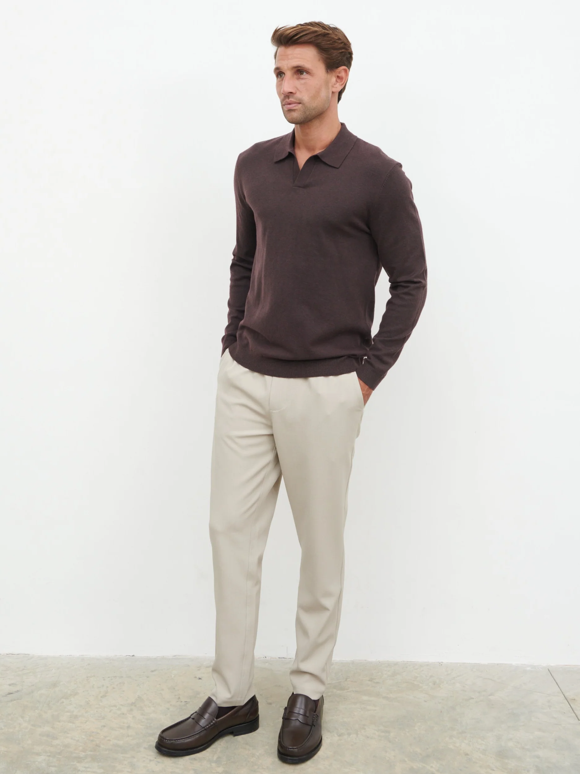 Robin Long Sleeve Lightweight Knit Polo - Chocolate - Image 4