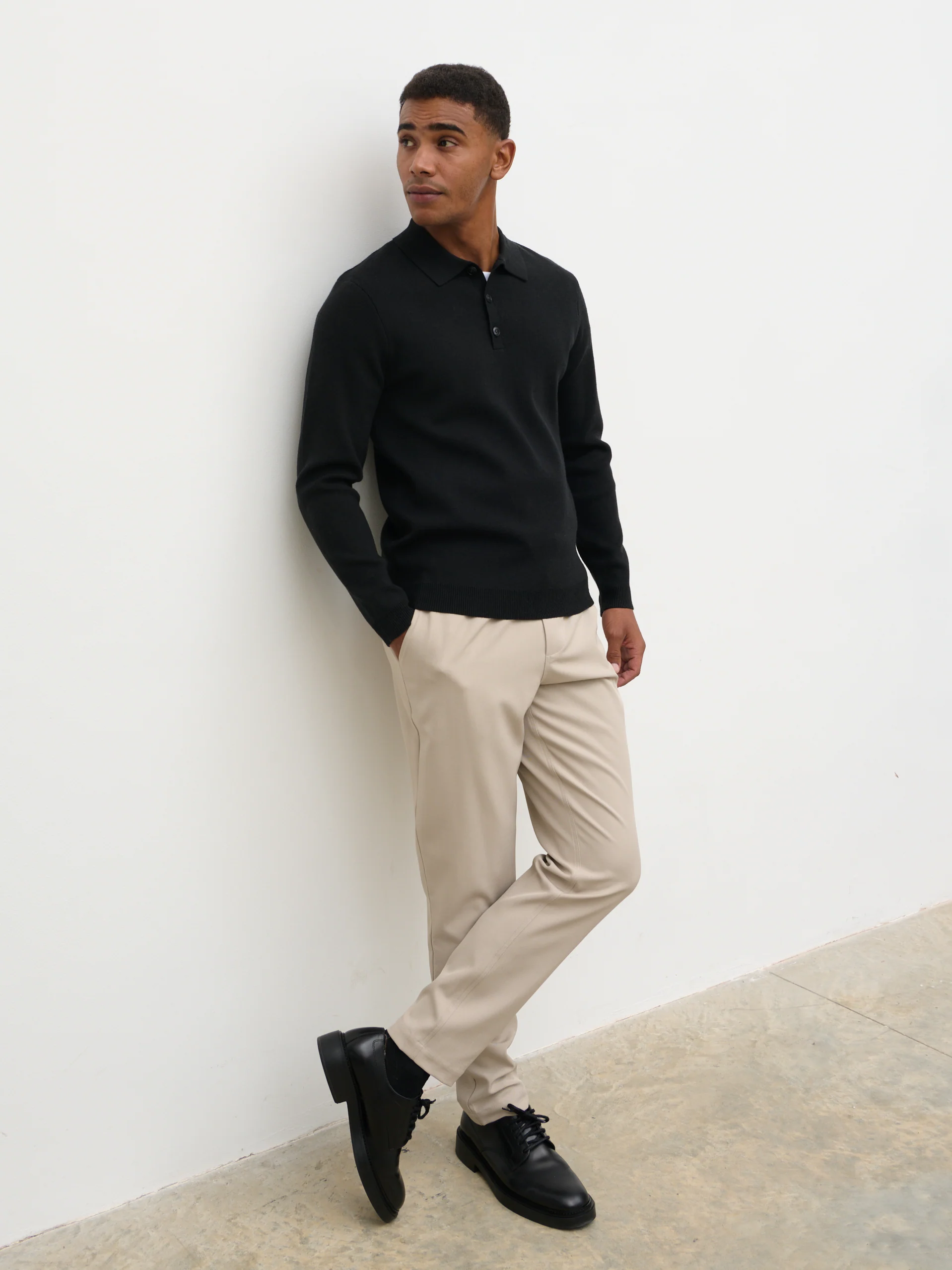 Rylan Button Long Sleeve Knit Polo - Black - Image 5