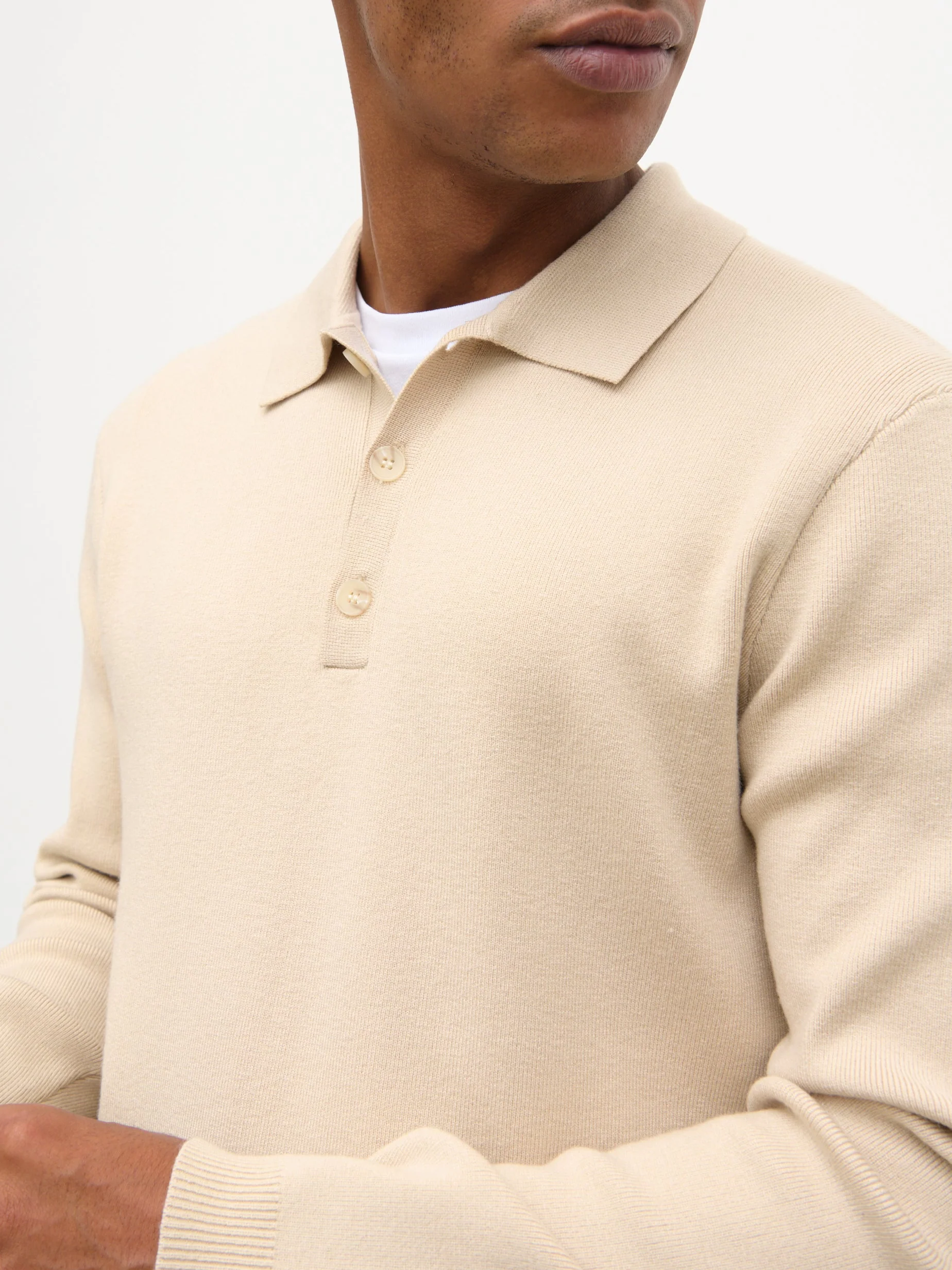 Rylan Button Long Sleeve Knit Polo - Stone