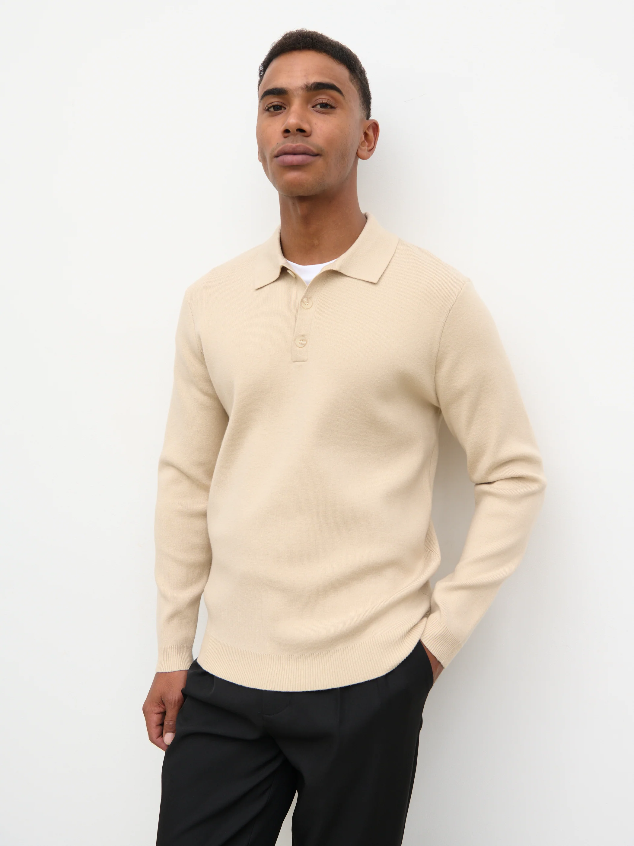 Rylan Button Long Sleeve Knit Polo - Stone - Image 3