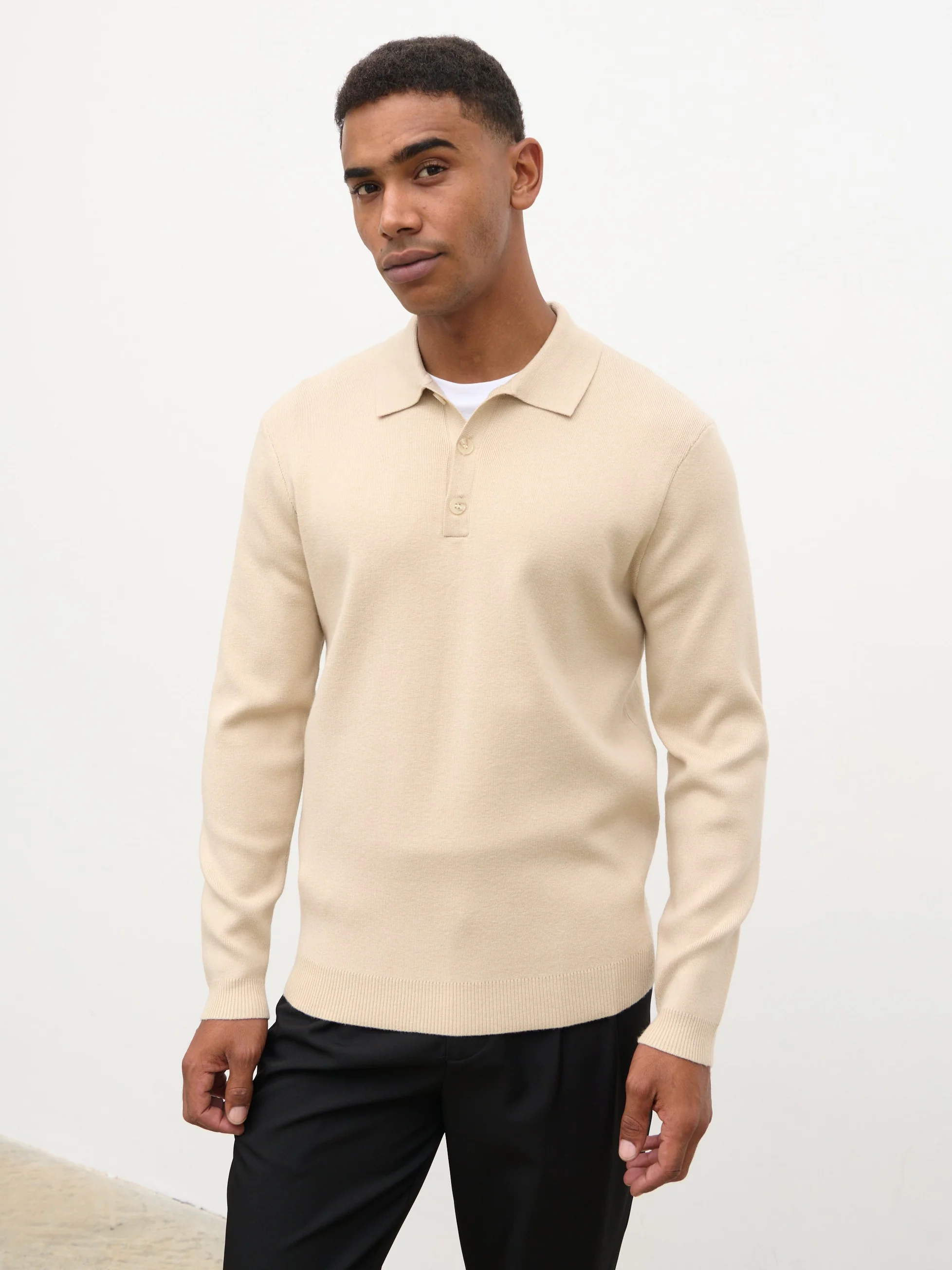 Rylan Button Long Sleeve Knit Polo - Stone - Image 4