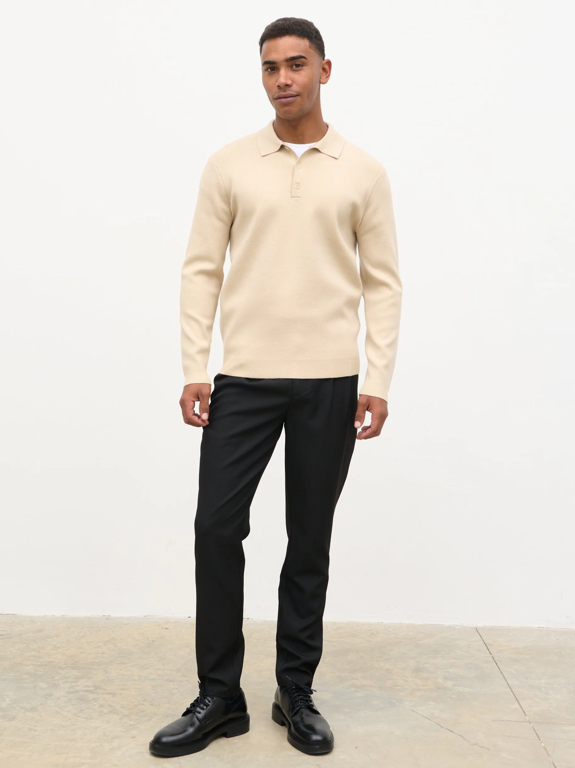 Rylan Button Long Sleeve Knit Polo - Stone - Image 6