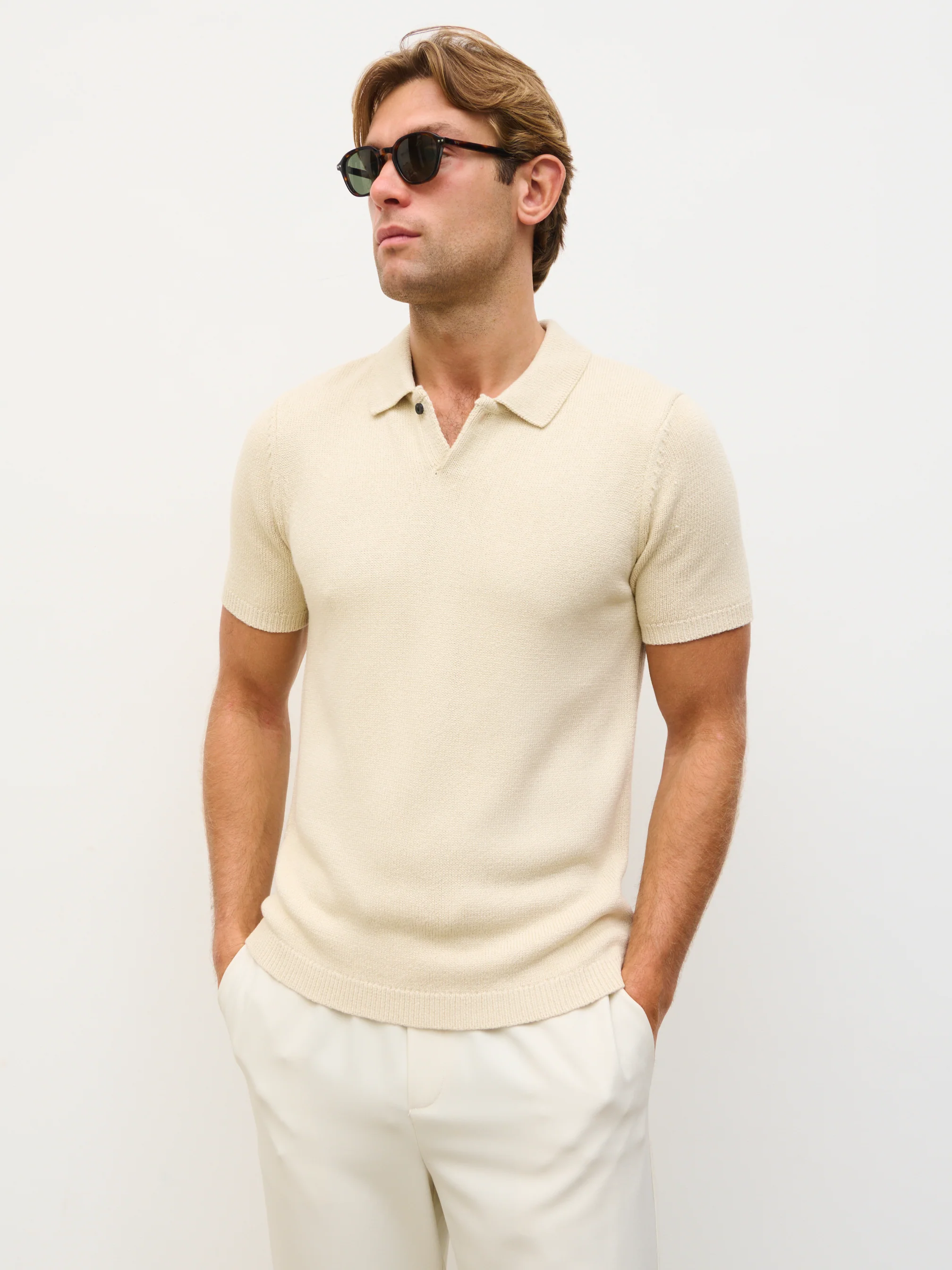 Syd Single Button Collar Knit Polo - Stone - Image 5