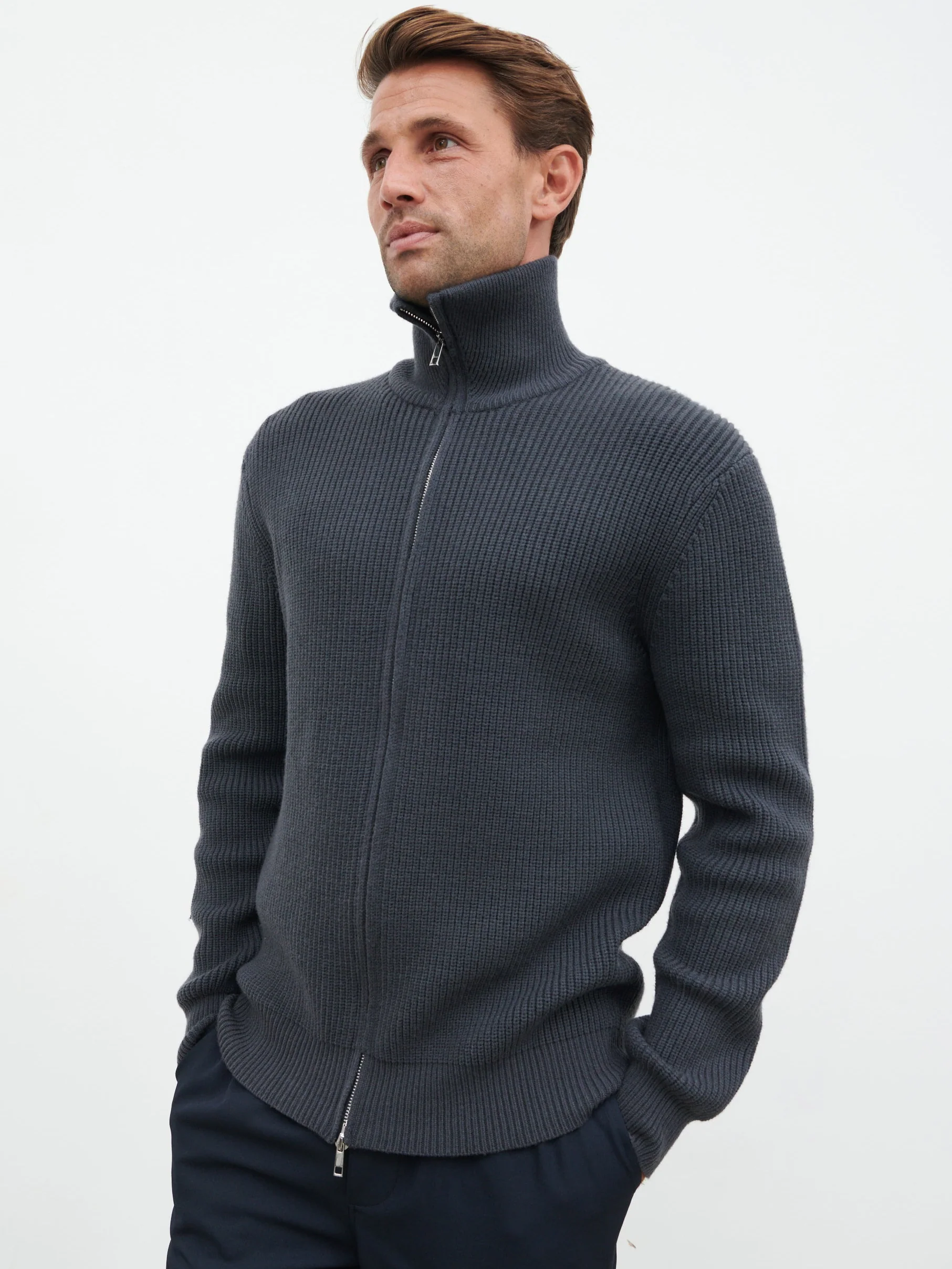 Tucker Double Zip Knit Jacket - Charcoal Blue - Image 2