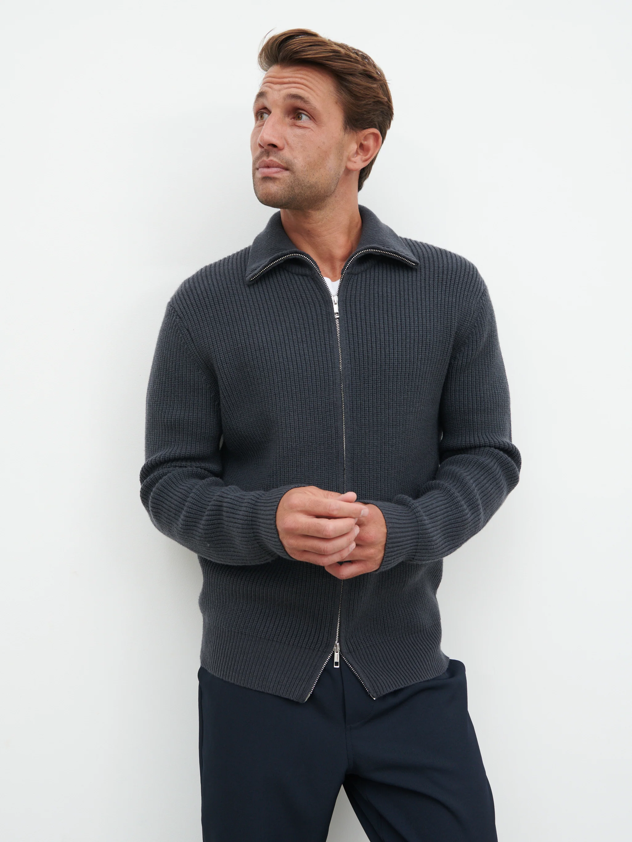 Tucker Double Zip Knit Jacket - Charcoal Blue - Image 3