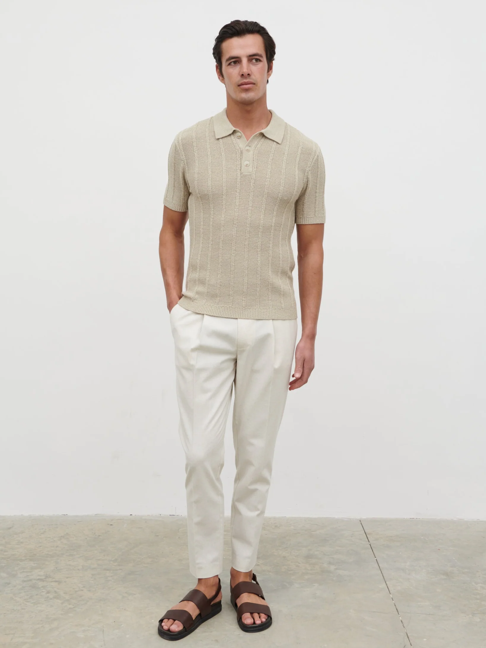 Wesley Fine Tape Stripe Knit Polo - Beige - Image 5