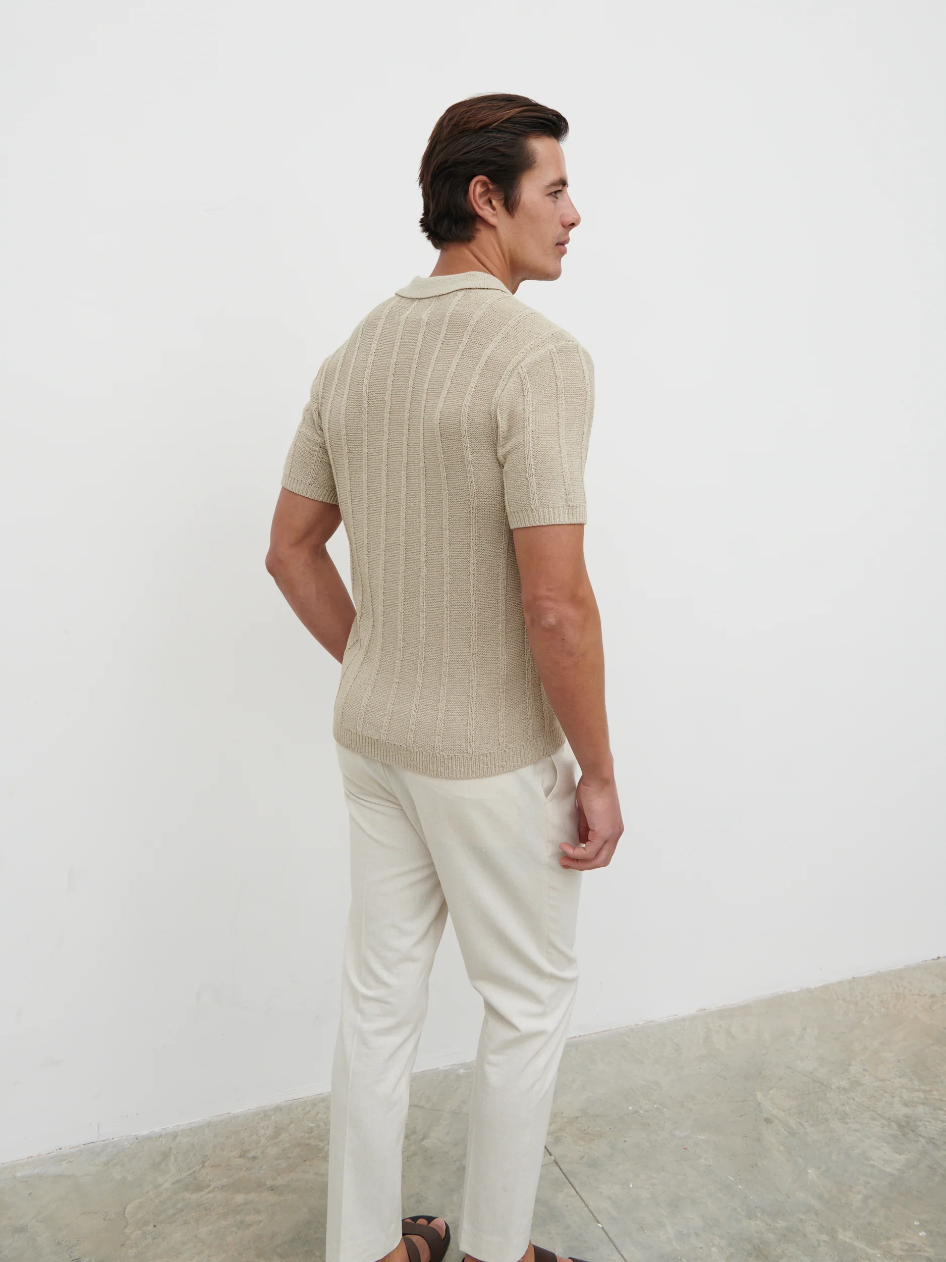 Wesley Fine Tape Stripe Knit Polo - Beige - Image 6