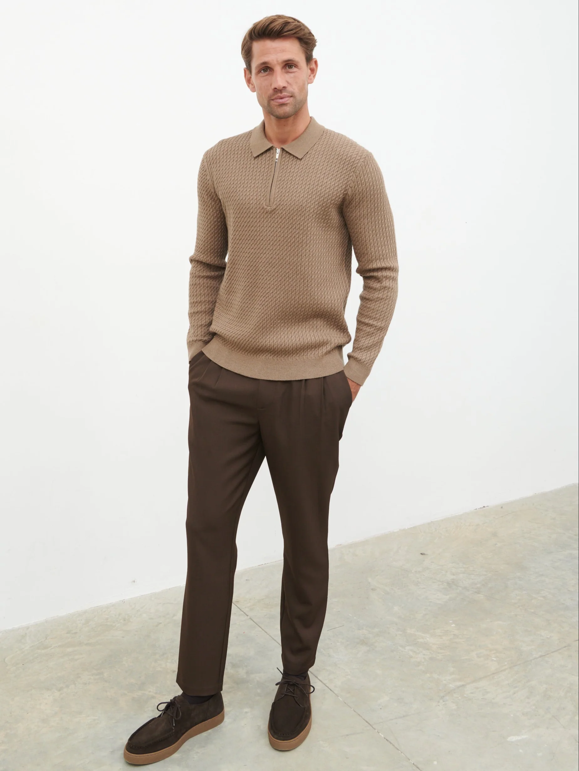 William Fine Cable Knit Zip Jumper - Light Brown - Image 2