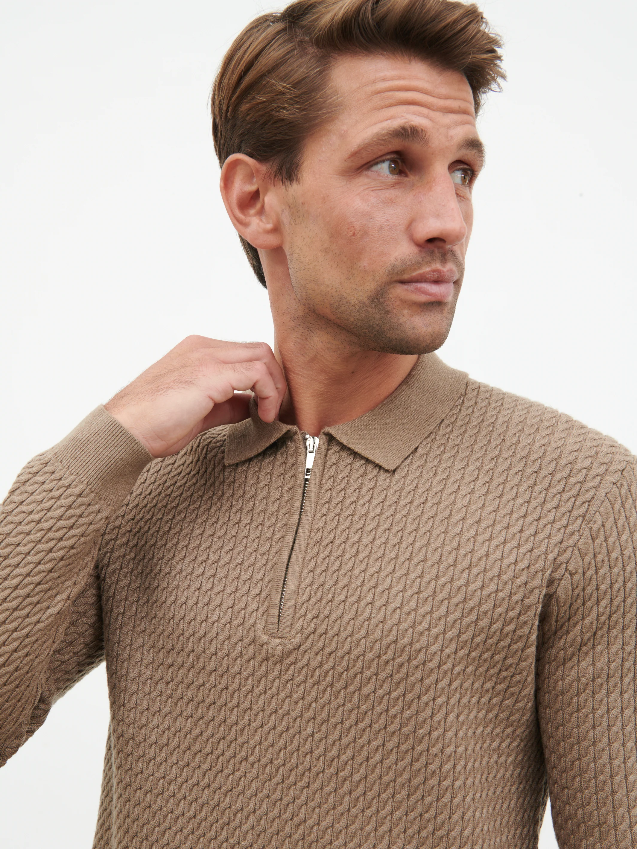 William Fine Cable Knit Zip Jumper - Light Brown - Image 3