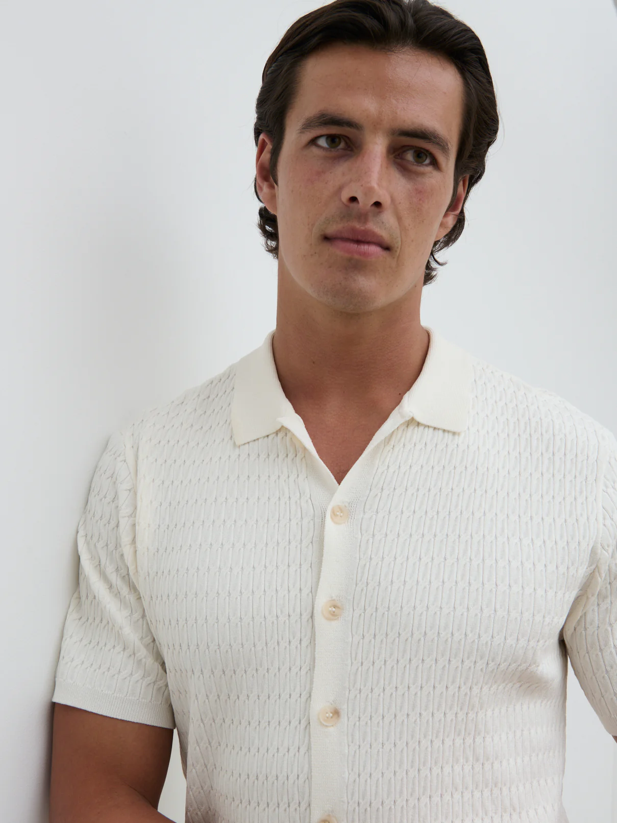 Xander Short Sleeve Cable Knit Shirt - Cream - Image 3